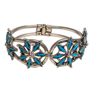 Silver & Turquoise Flower Adjustable‎ Hinge Cuff Bracelet Western Boho Jewlery
